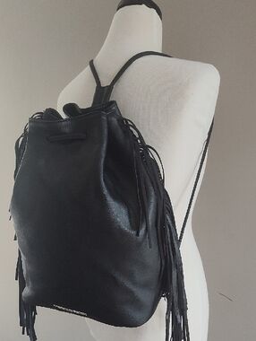 Victoria's Secret Black Fringe Leather Drawstring Backpack